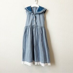 Vintage Charming Sleeveless Blue Checkered Gingham Sailor Dress with Lace Sz 7/8